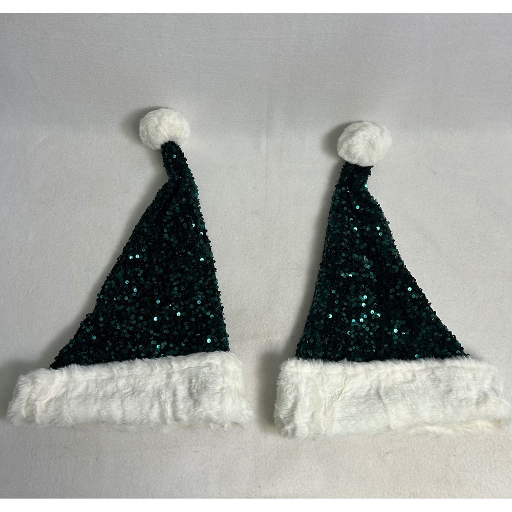 Christmas Holiday Great Value Womens OS Green Sequin Faux Fur Santa Hat Set of 2